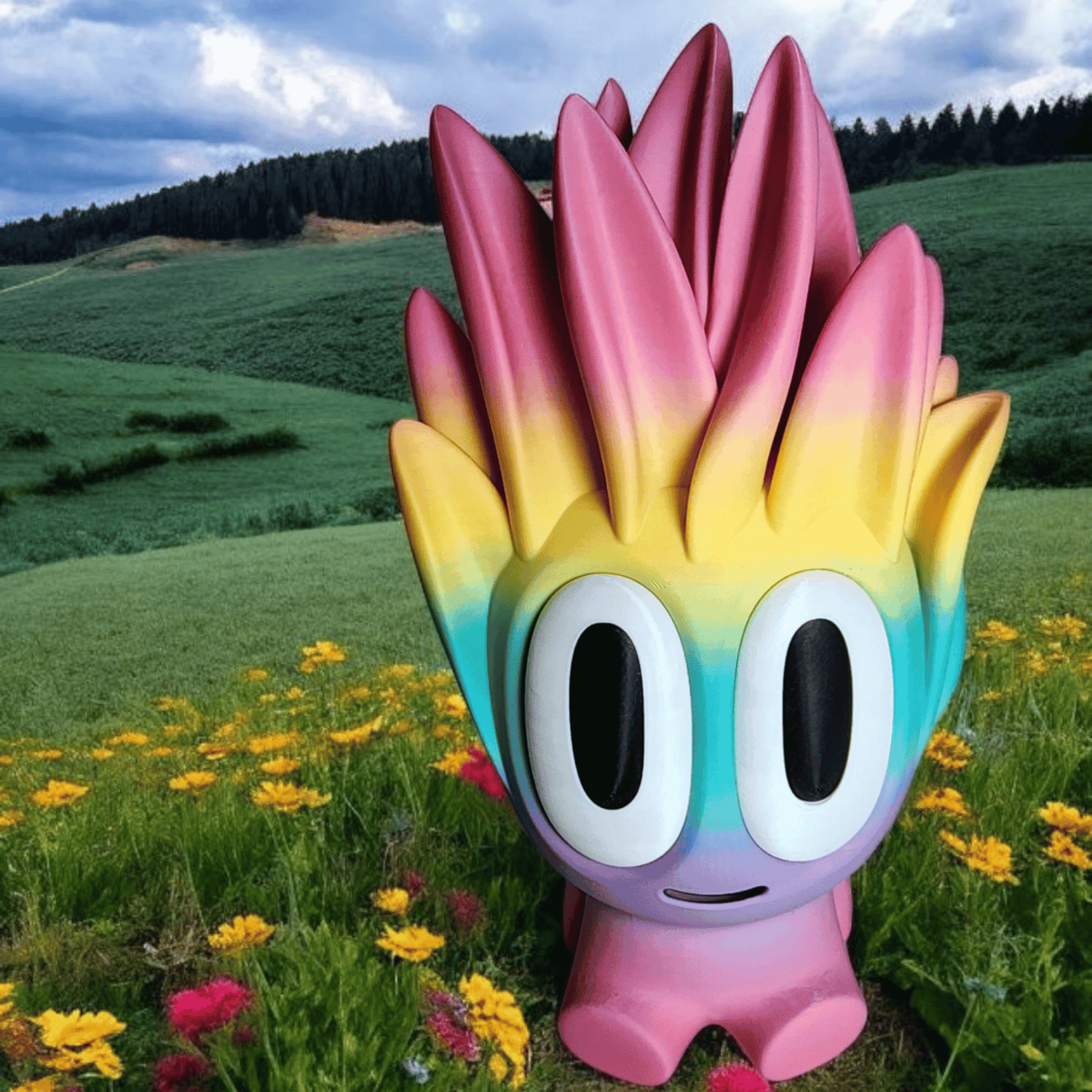 Rainbow colored Sansevieria plant sitting on a field of flowers with the hills and sky behind