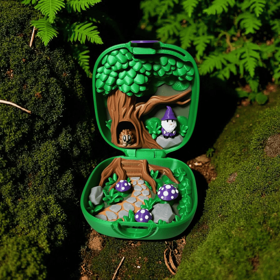 small green case that opens and has a scenery inside with mushrooms, a wizard and a hedgehog