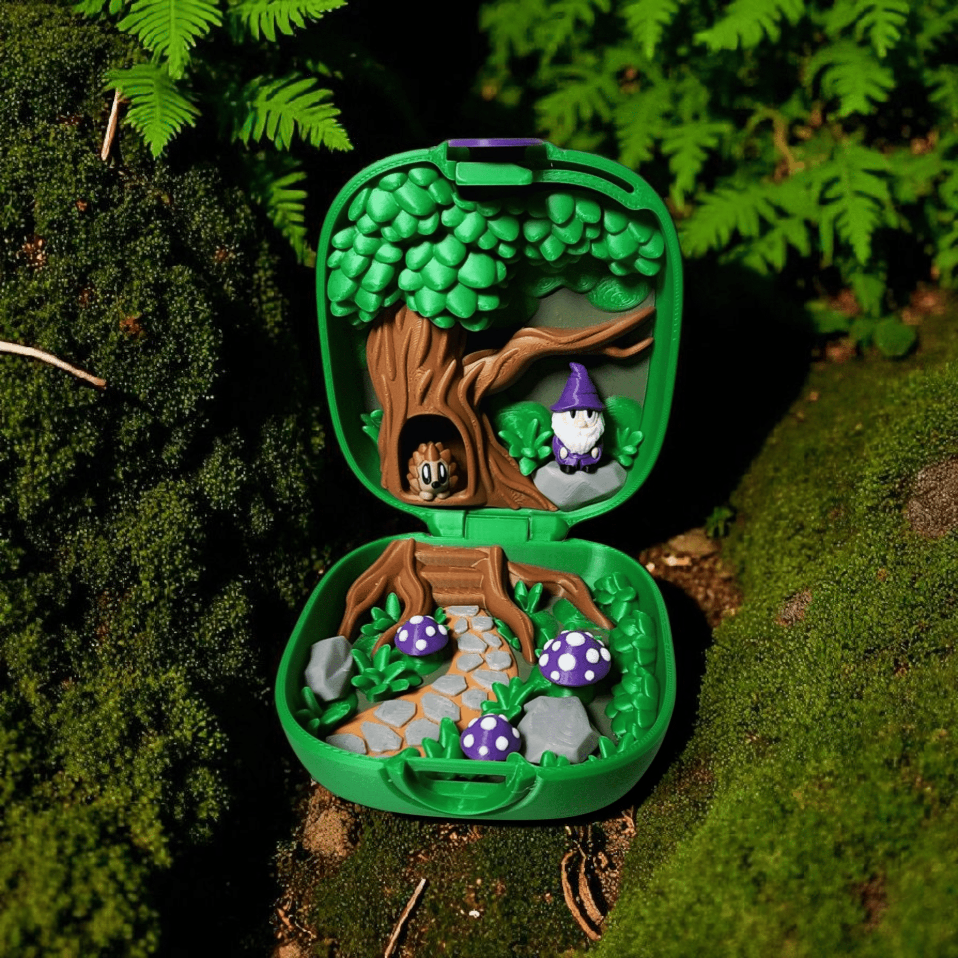 small green case that opens and has a scenery inside with mushrooms, a wizard and a hedgehog