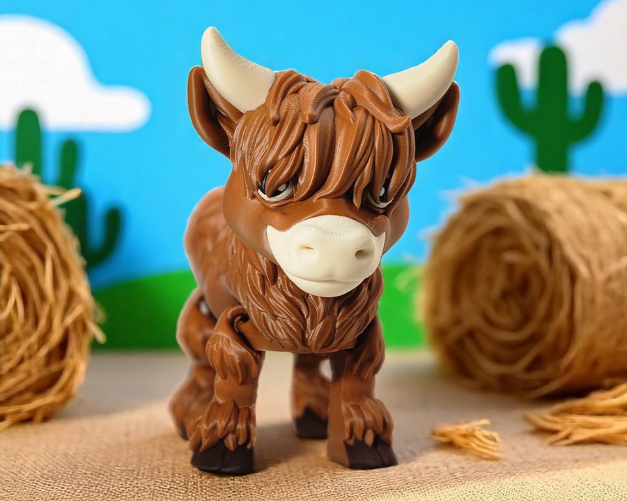Highland cow standing near bales of hay with a sky behind