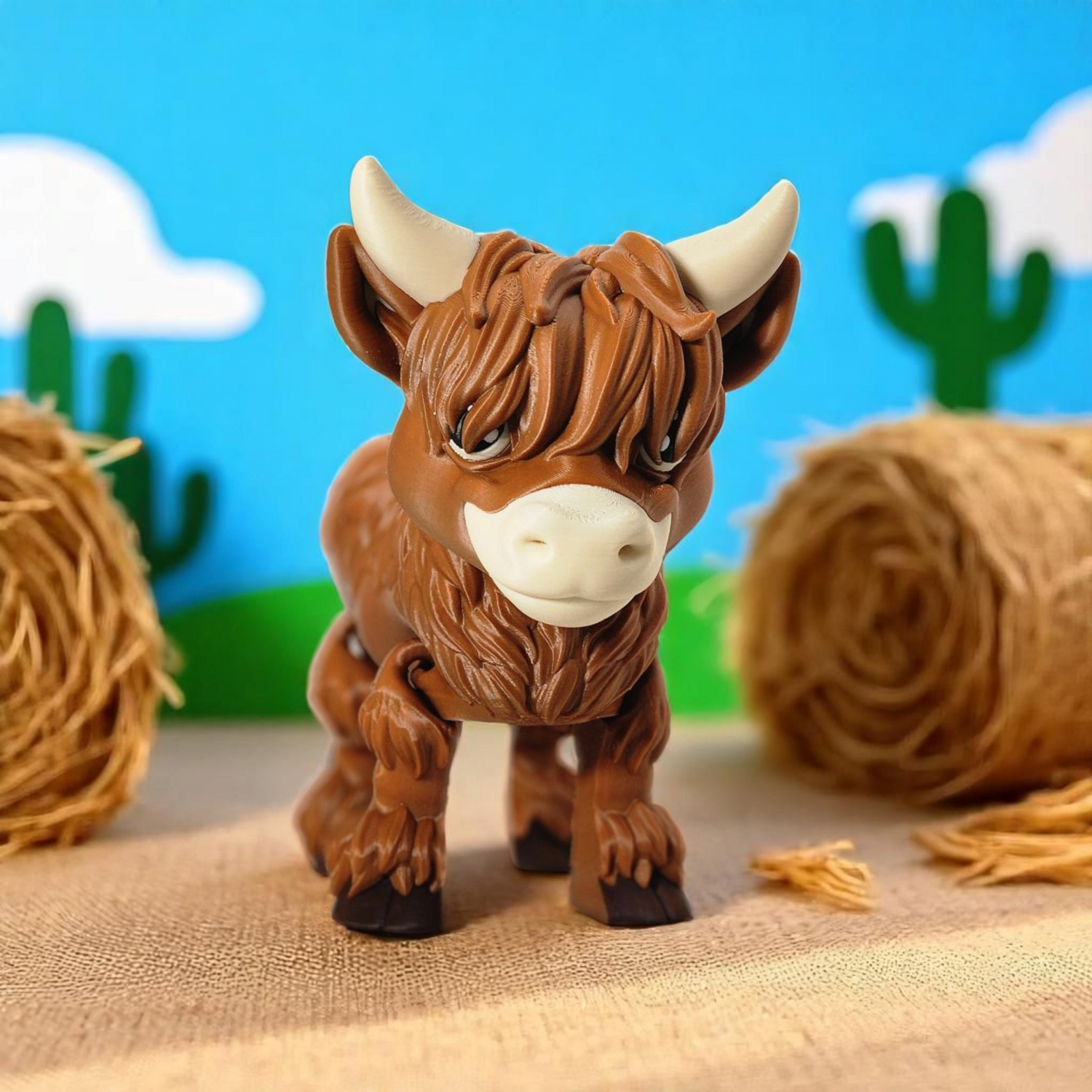 Highland cow standing near bales of hay with a sky behind