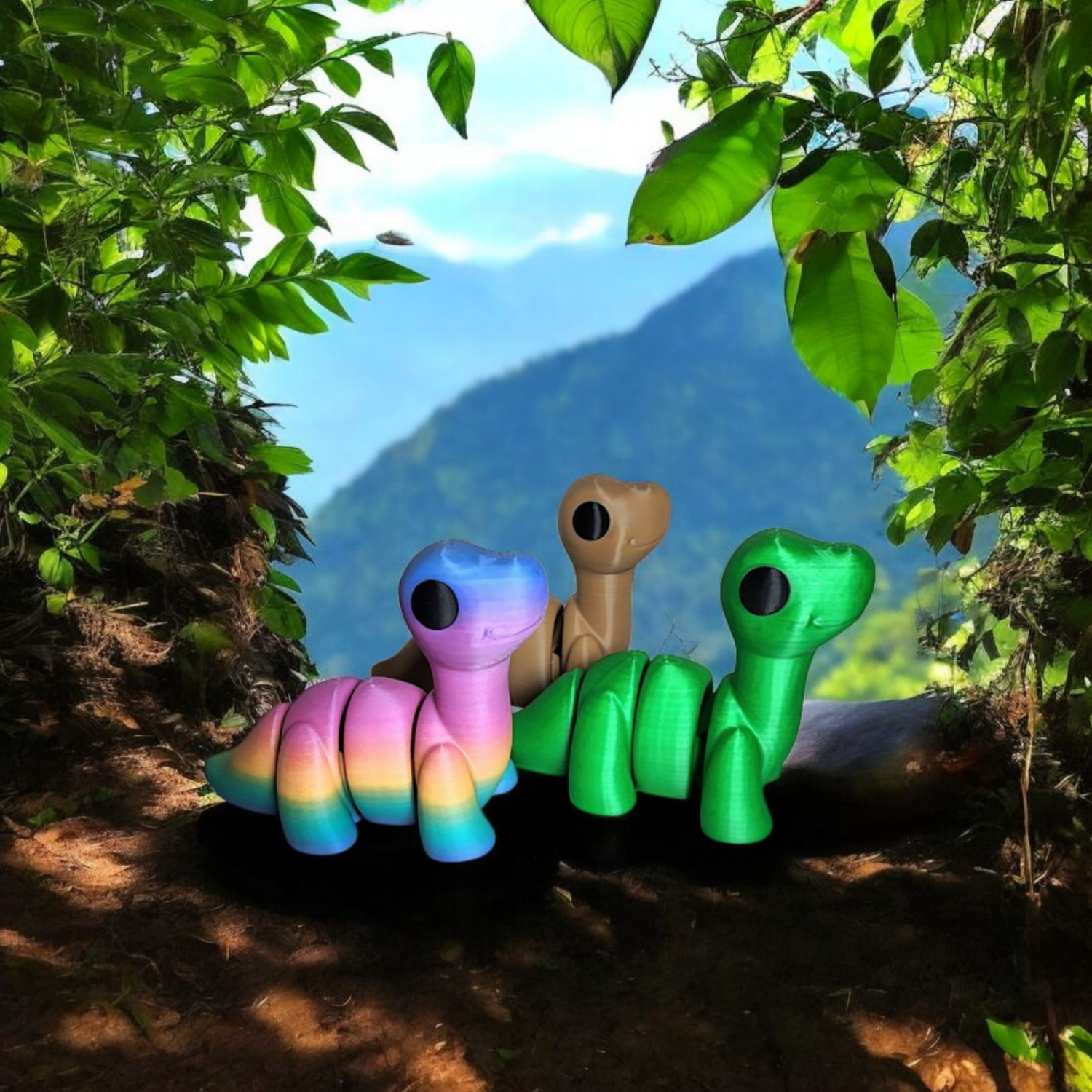 3 colorful and playful 3d printed dinosaurs standing in a jungle like setting.