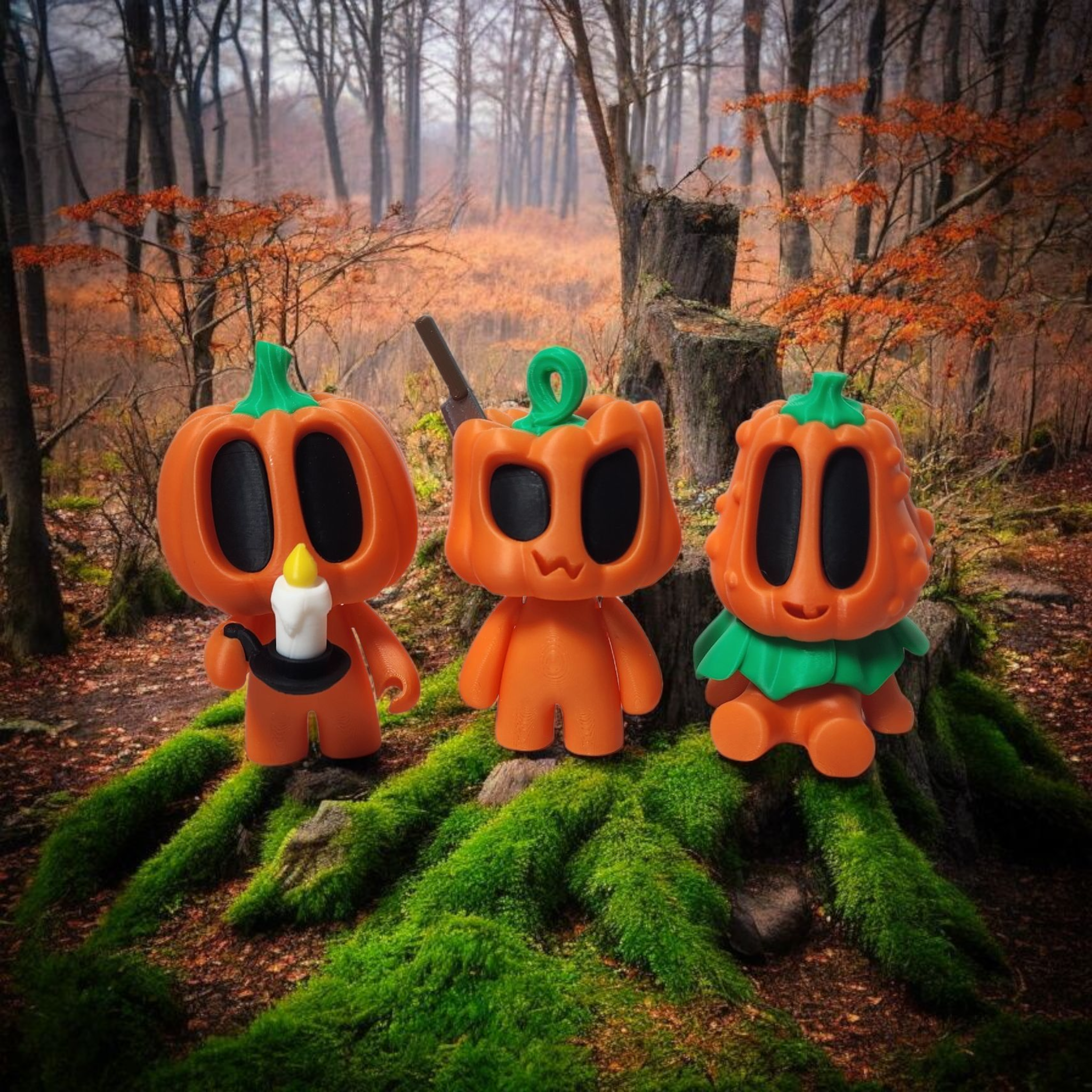 Three orange pumpkin-shaped characters with black eyes and green stems in a forest setting.