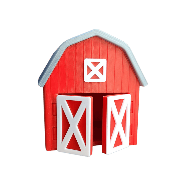 Red toy barn with white doors and details on a transparent background