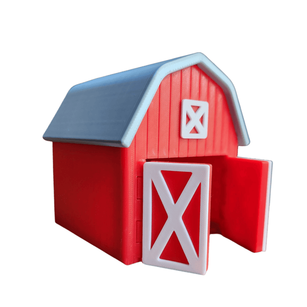 Red barn-shaped object with a silver roof on a transparent background