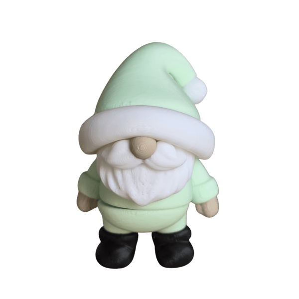 A holiday gnome in a minty green outfit with black boots
