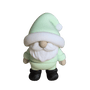 A holiday gnome in a minty green outfit with black boots