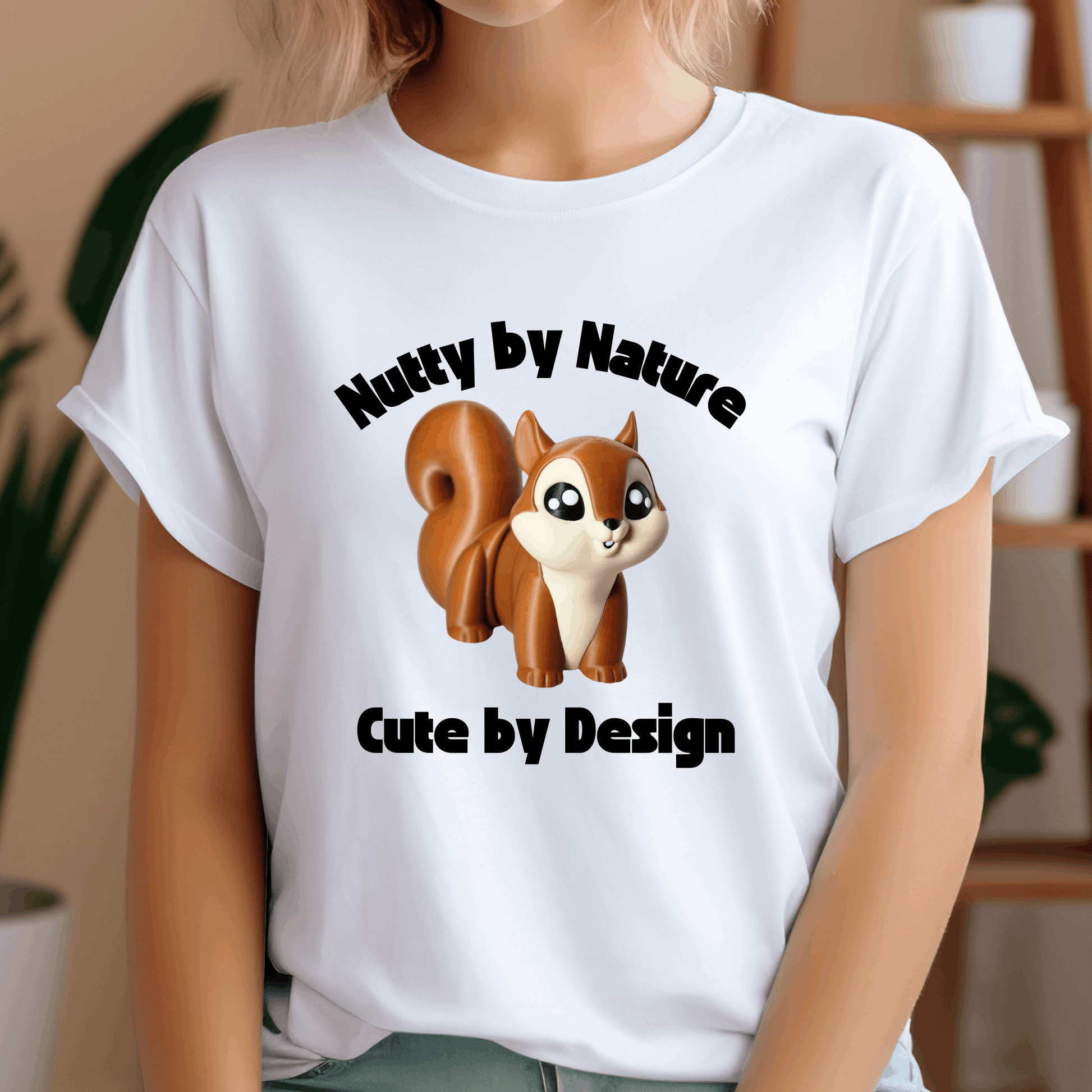 T-shirt sporting a cute squirrel with the phrase, nutty by nature, cute by design