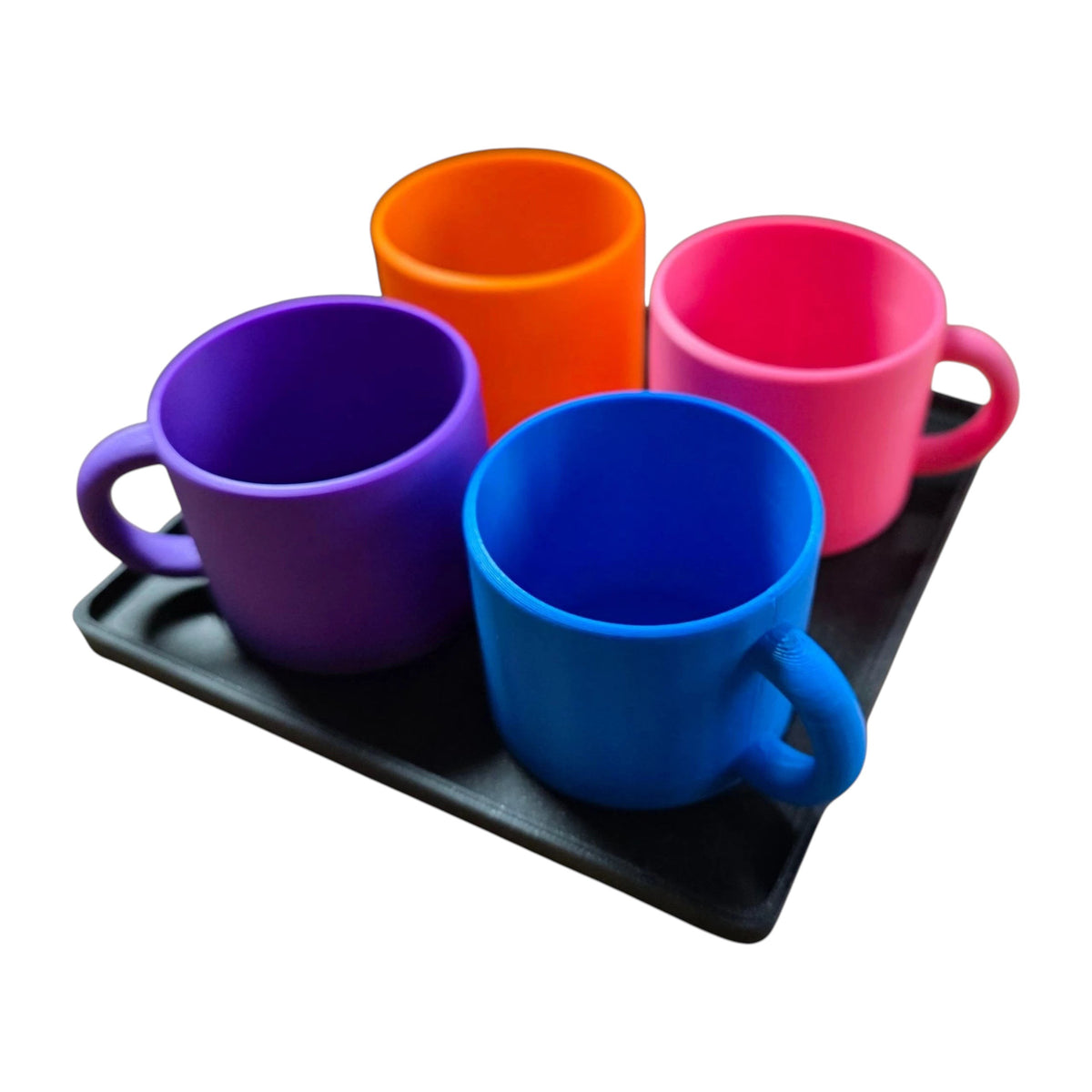Fragrant Moon Designs pretend cups and serving tray play set in purple, orange, pink, and blue plastic.