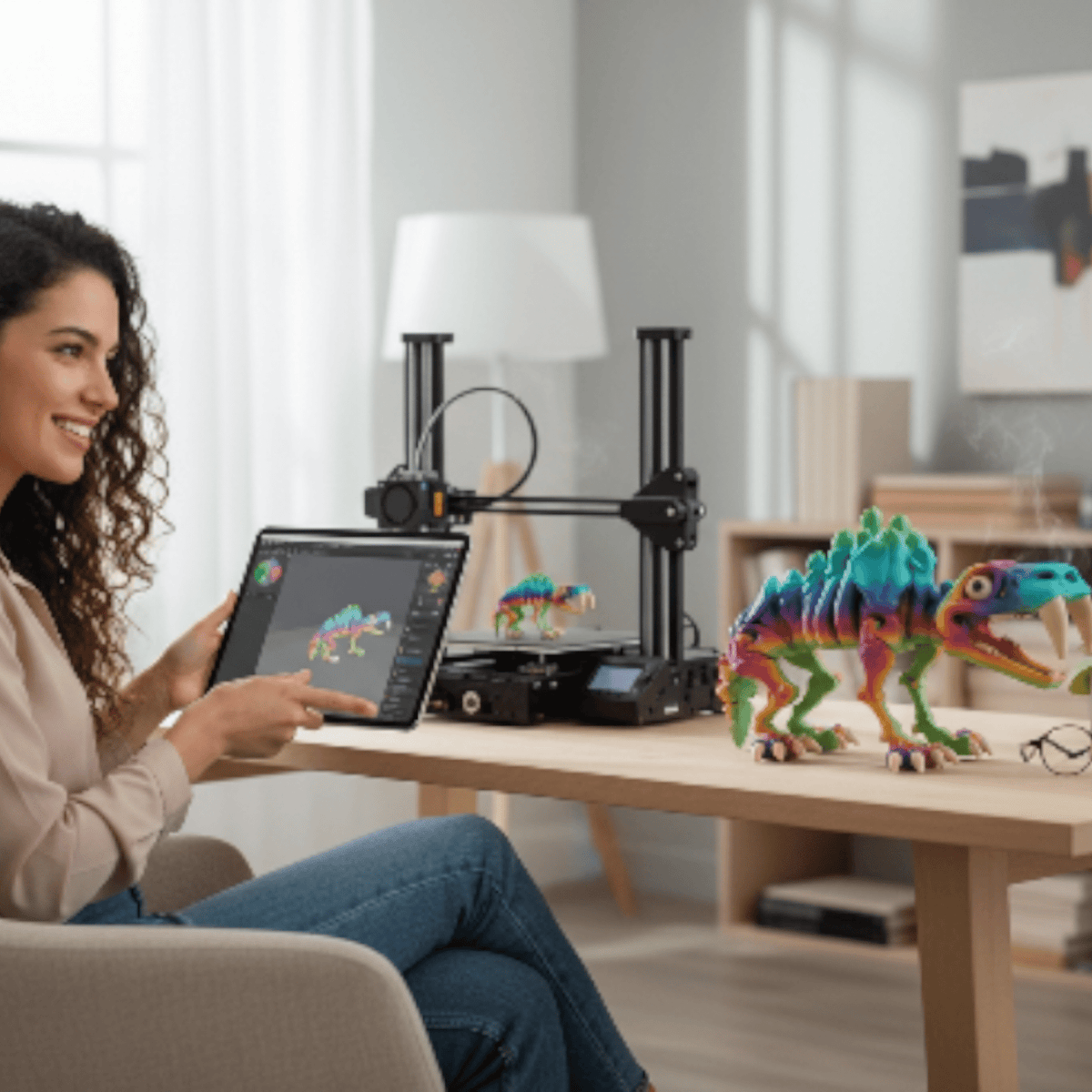 saber tooth tiger standing on a desk with a lady sitting at the desk looking at pictures of him on her ipad