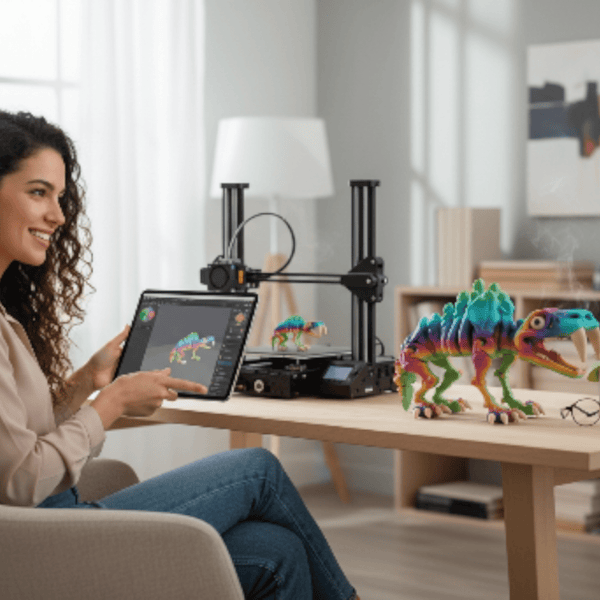 saber tooth tiger standing on a desk with a lady sitting at the desk looking at pictures of him on her ipad