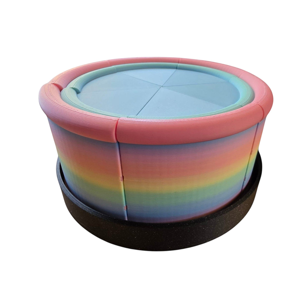 Fragrant Moon Designs rainbow pretend cake, 3D printed with pastel colors and a light blue top. Perfect for play.